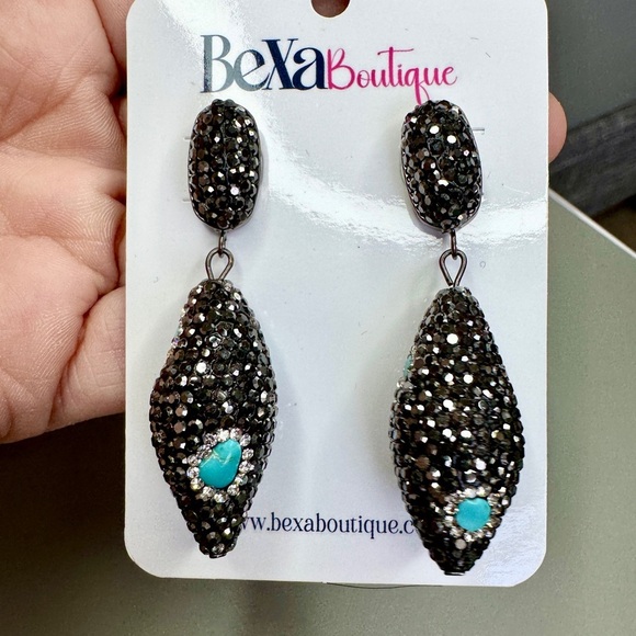 Black and Blue Teardrop Earrings with Turquoise Accent - Picture 1 of 3